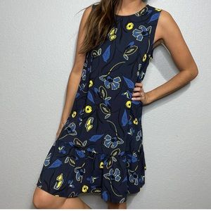 Halogen mini floral shift dress navy blue yellow ruffle trim button back
